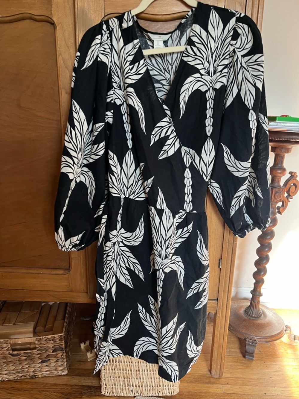 H&M Black & White Tropical Wrap Midi Dress